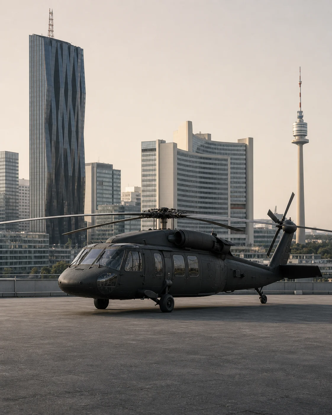 Ein schwarzer Hubschrauber auf einem Dach vor der Wiener Skyline.