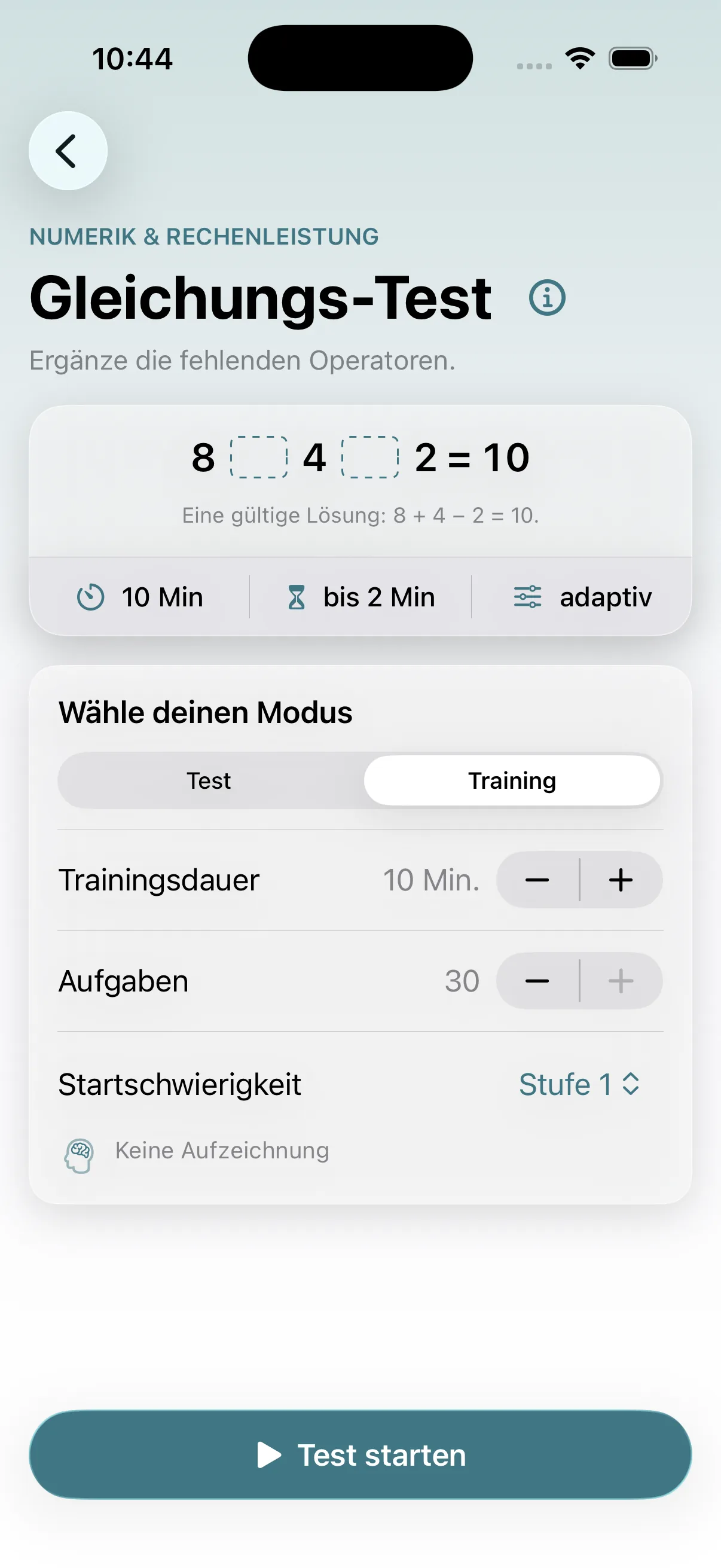 Gleichungs-Startansicht im Trainingsmodus