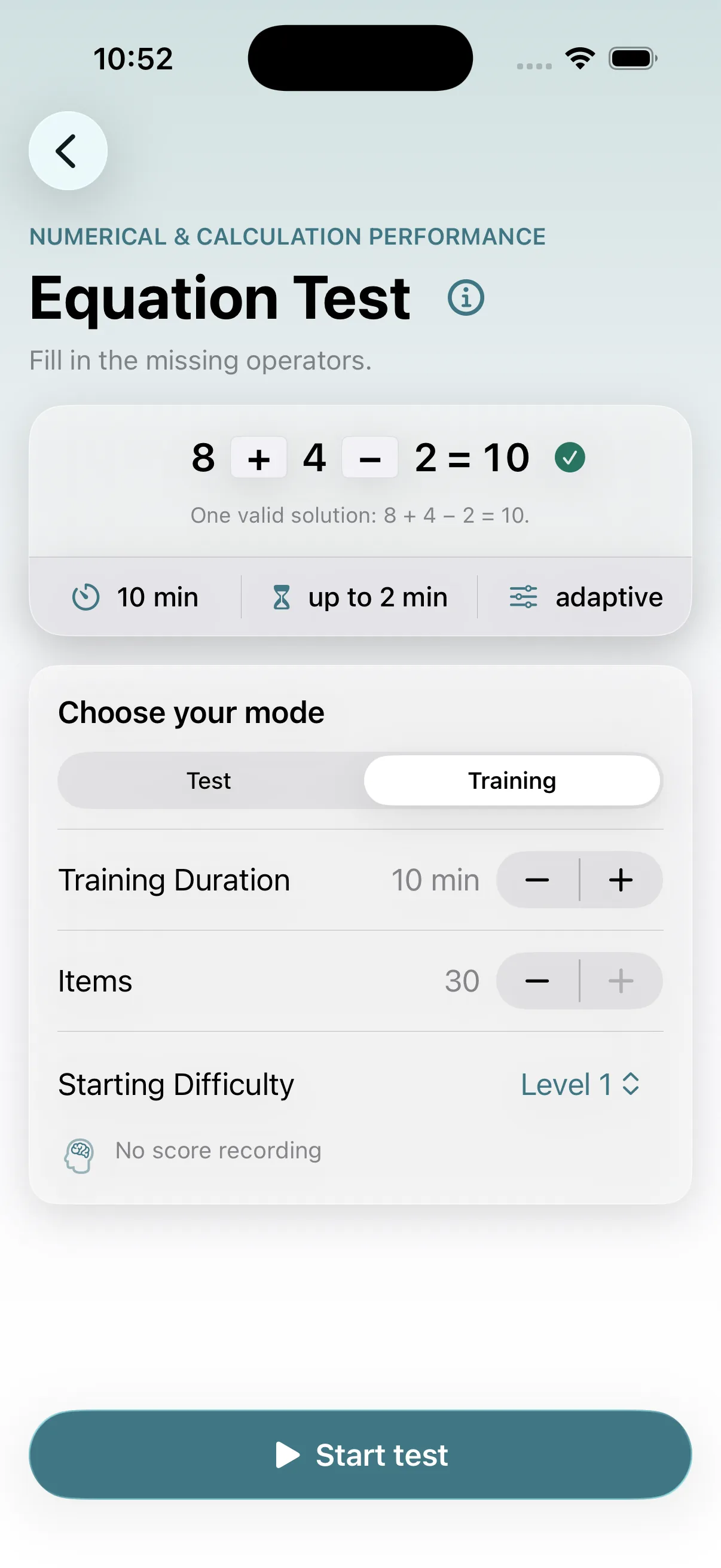 Equation start screen in training mode